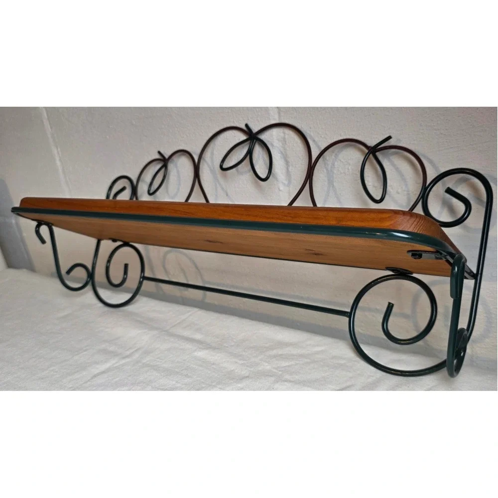 Vintage 90s Home Interiors Wood and Wrought Iron Apple Shelf Towel Bar Red Green
